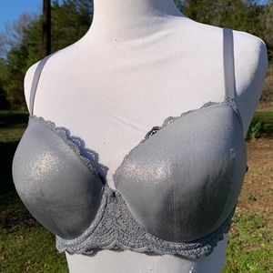 Victoria’s Secret 34DD? Super Shiny Glitter Lightly Lined Lace Trim Bra Silver